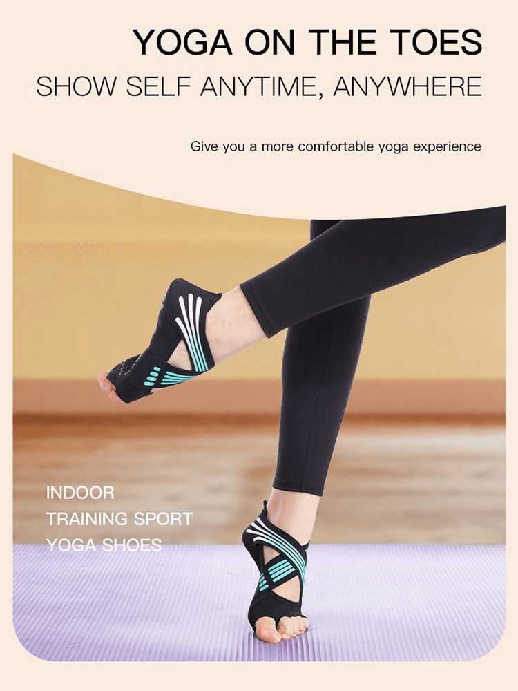Yoga feet wearing black anti-slip socks, showcasing comfort and stability during indoor exercise, ideal for Pilates and yoga.